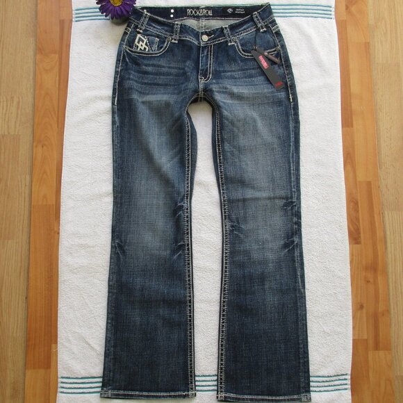 New ROCK & ROLL Cowgirl Jeans Size 32 X 34 Embellished Bootcut Denim - Picture 7 of 14